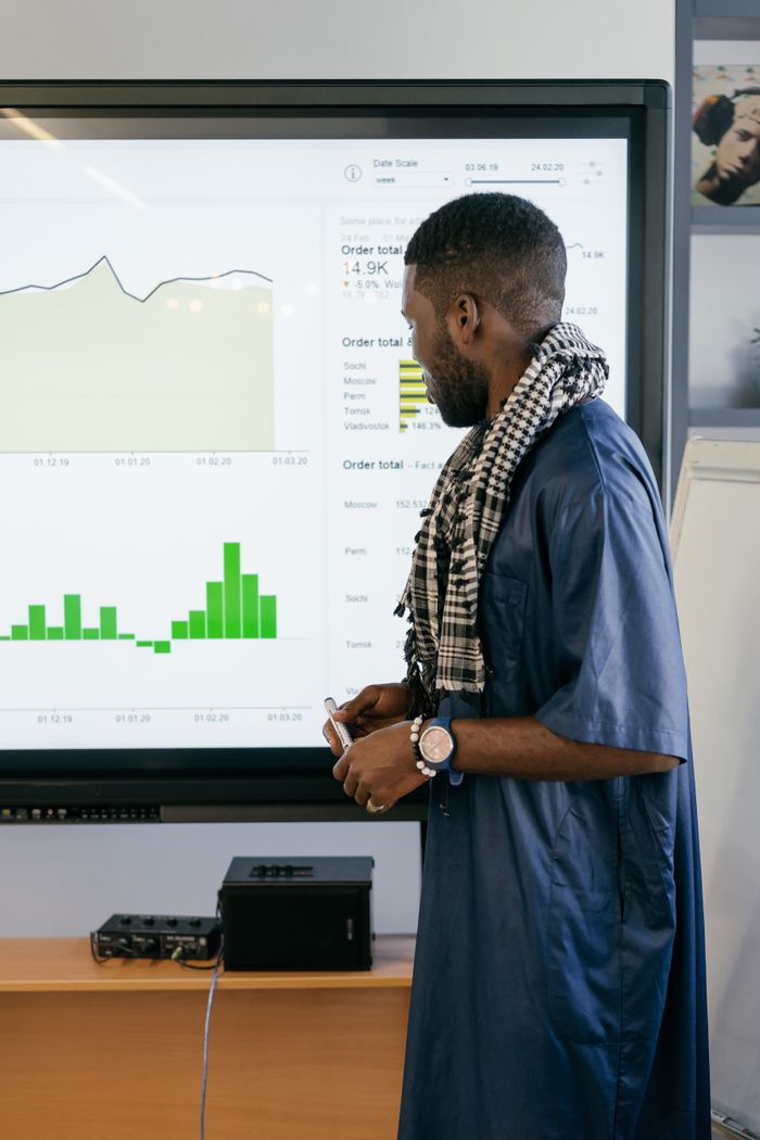 services-01 Professional analyzing graphs on a screen in an office. Business meeting concept.